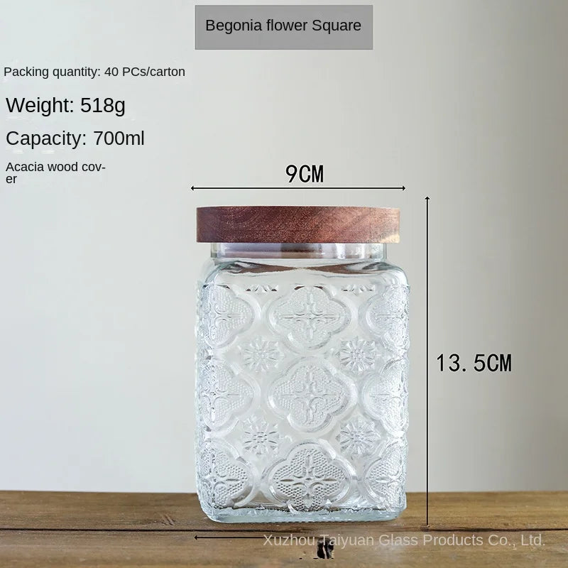 Vintage Embossed Glass Storage Jar with Acacia Wood Lid