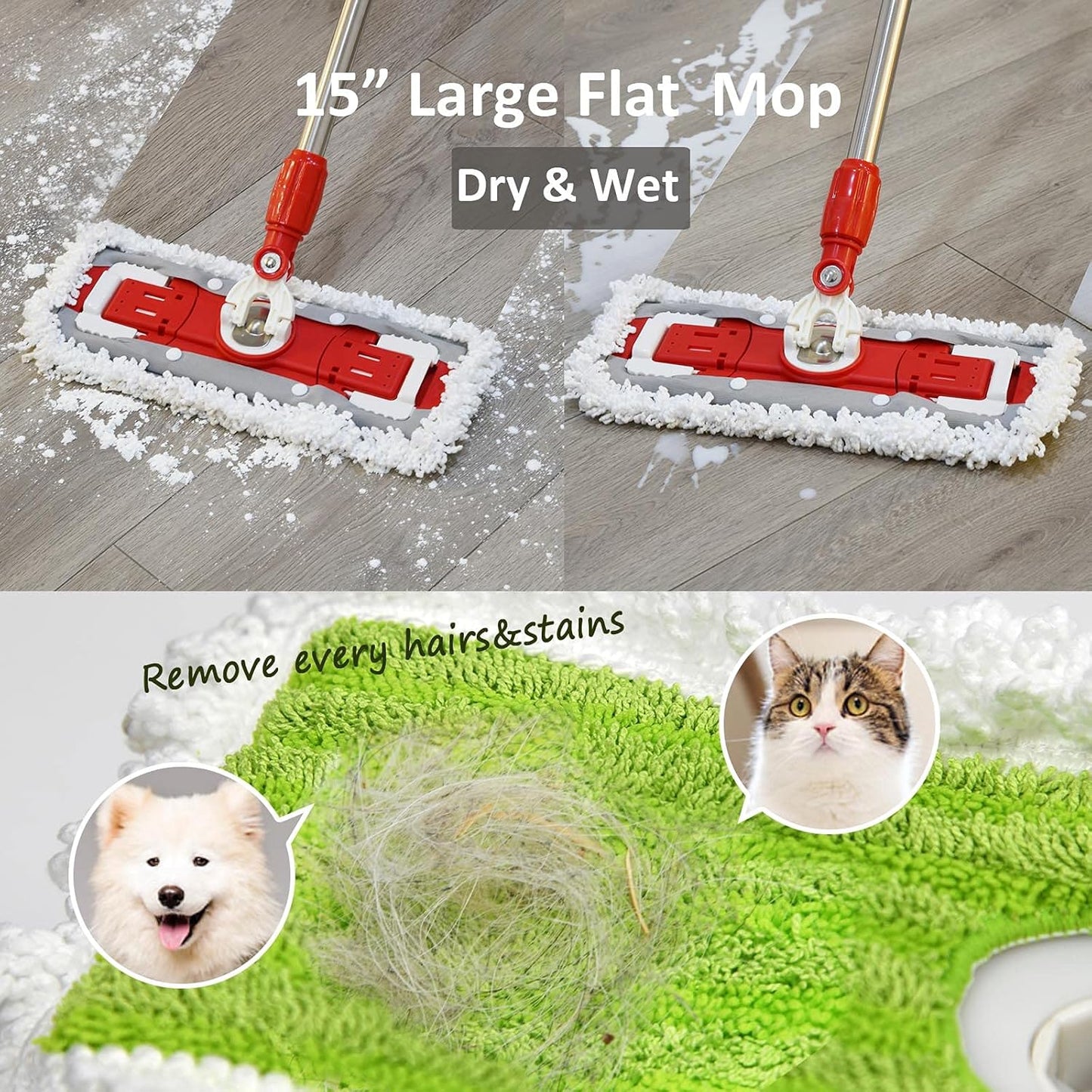 2-in-1 Floor Mop and Bucket Set – Hands-Free Spinning Mop with Round & Square Heads, Microfiber Pads, Wet & Dry Use for Hardwood, Tile, Laminate