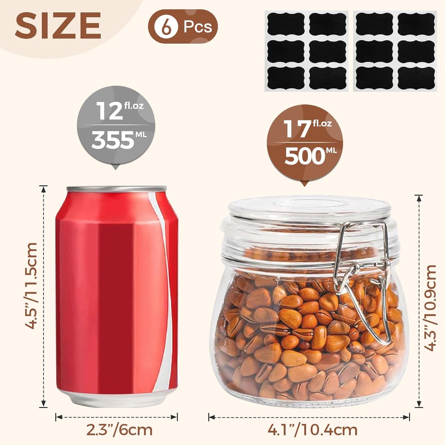 Airtight Glass Canister Set of 6 – 17oz Food Storage Jars with Lids & Wire Clip Seals – Clear Round Containers for Cereal, Pasta, Sugar, Beans & Spices