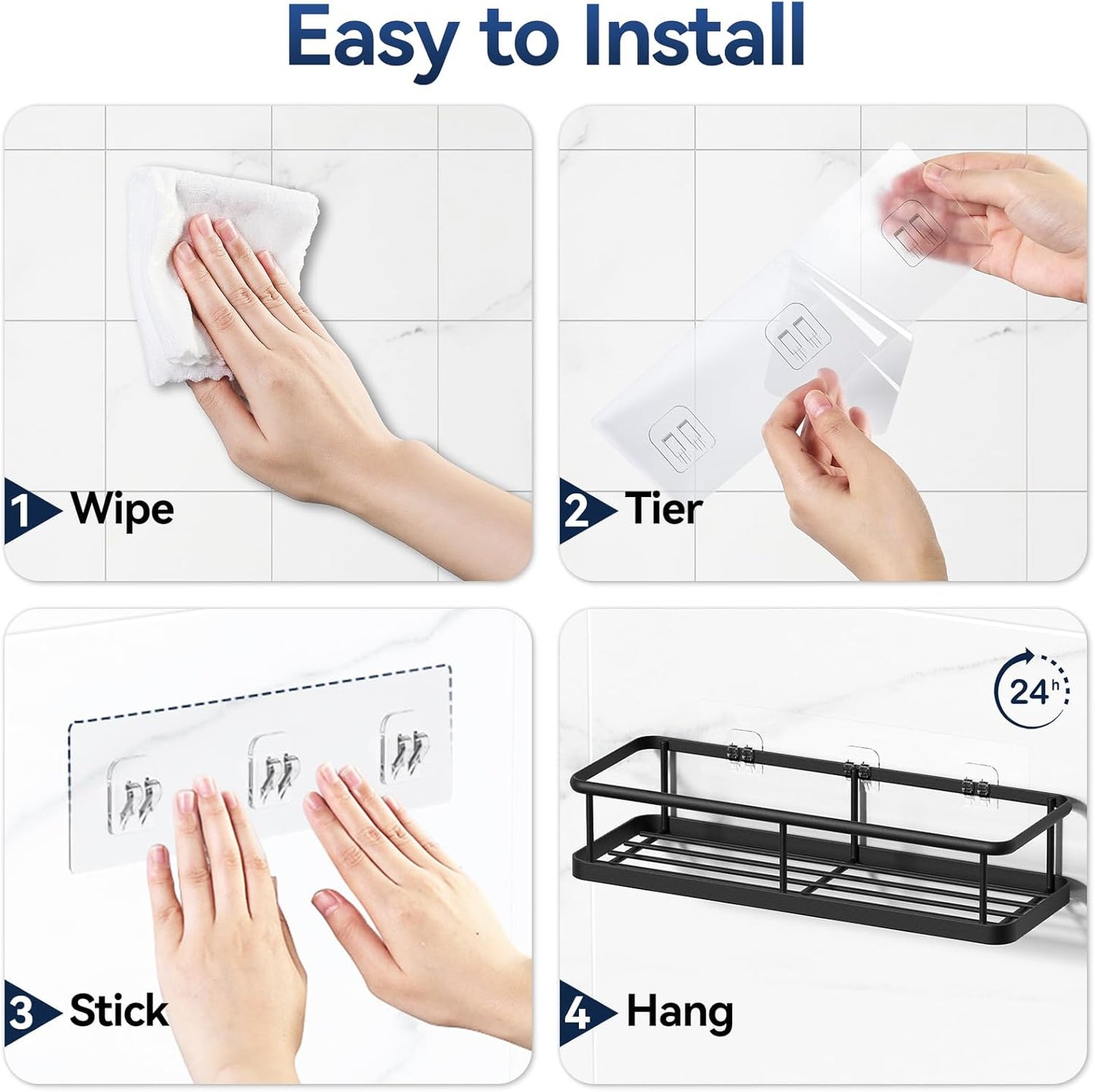 Adhesive Shower Caddy 2-Pack – No-Drill Rustproof Bathroom Organizer Shelves with Removable Hooks, Wall-Mounted Black Shower Rack