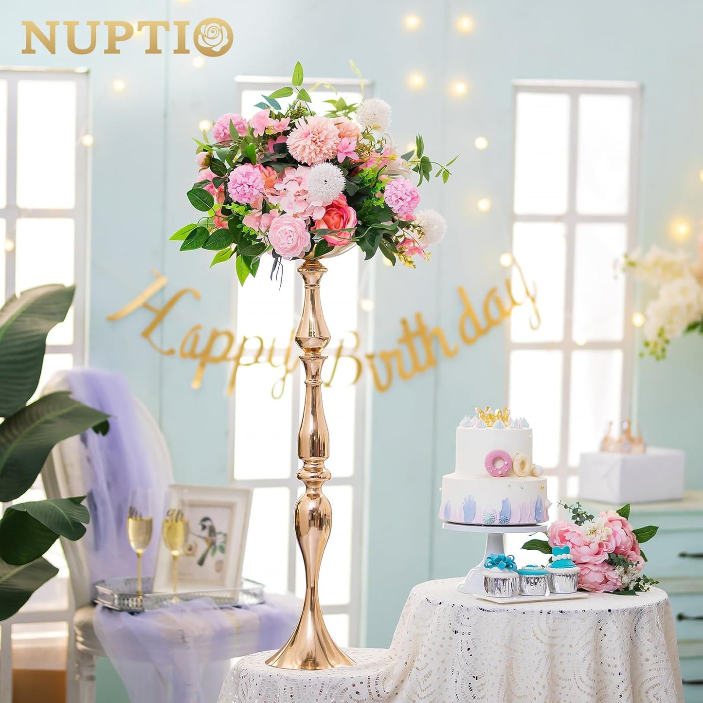 2-Piece Gold Metal Flower Arrangement & Candle Holder Rack Set – 31.5" Wedding Centerpiece Stands