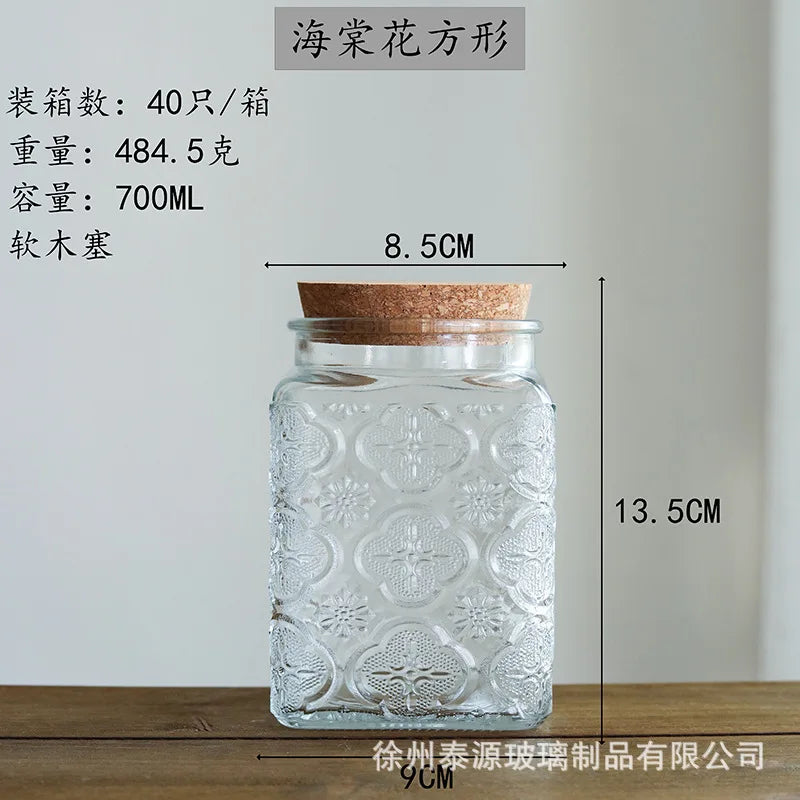 Vintage Embossed Glass Storage Jar with Acacia Wood Lid
