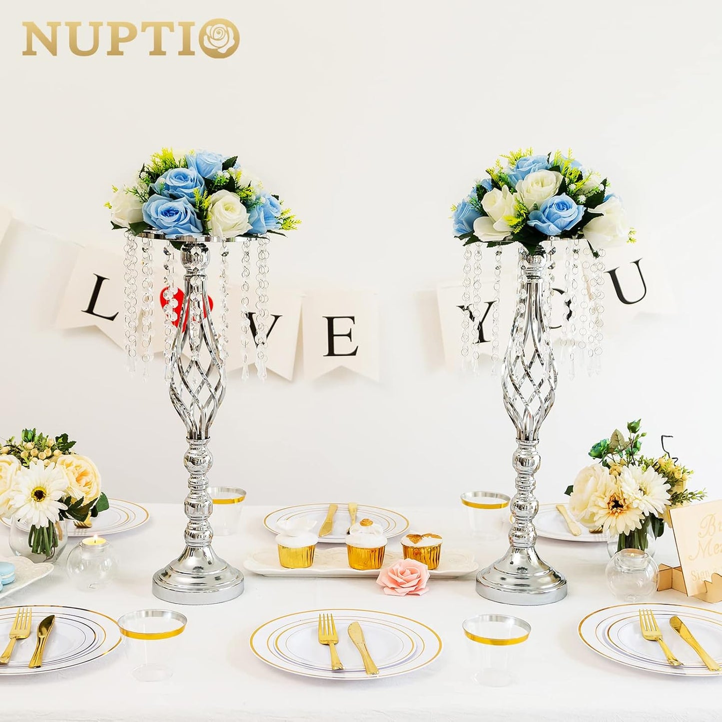 2-Pc Silver Wedding Centerpiece Flower Stands – 21.7" Tall Crystal Vases for Weddings & Events