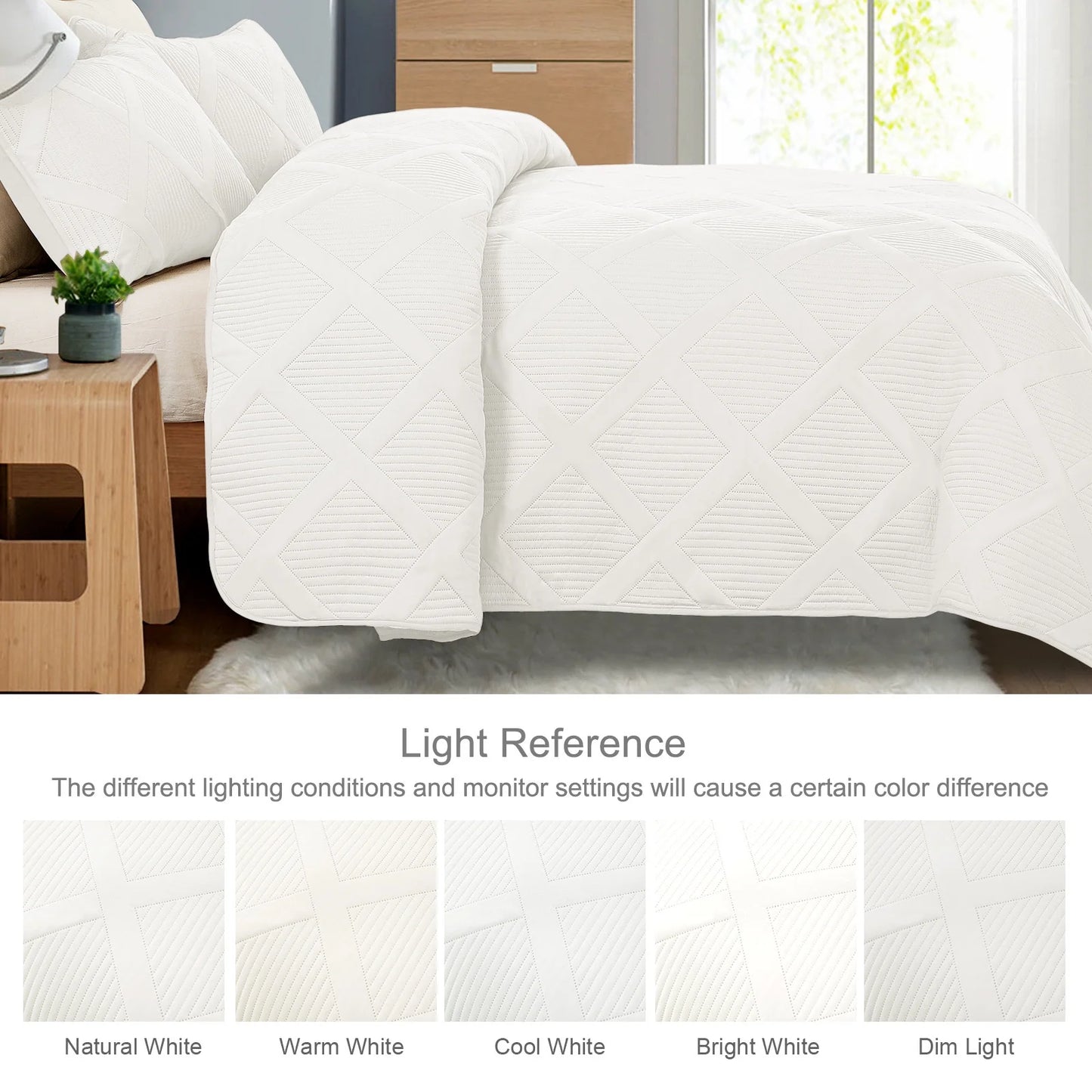 Ultrasonic 3-Piece King Quilt Set – Lightweight Striped Coverlet Bedspread in White, Modern Bedding