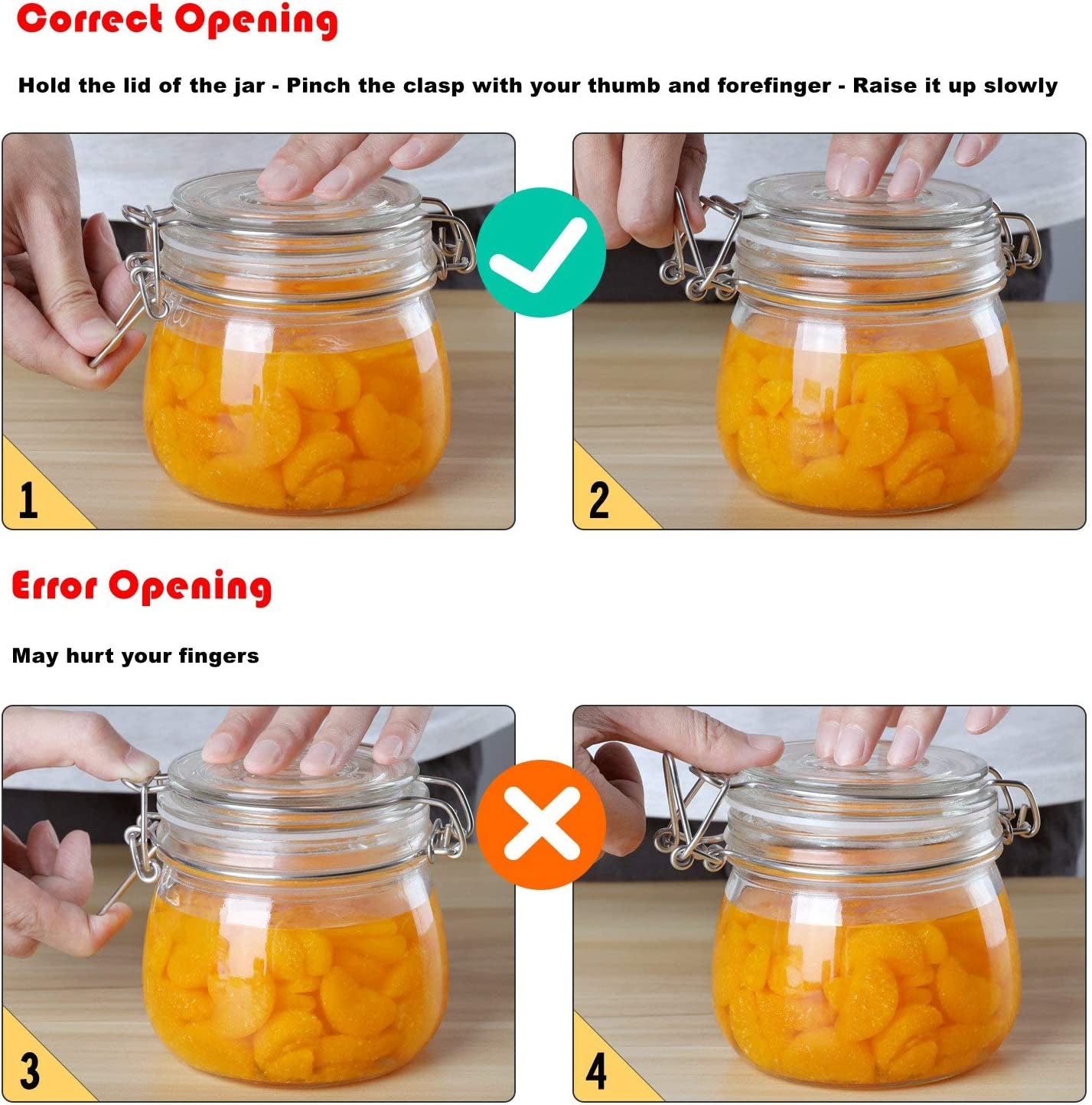 Airtight Glass Canister Set of 6 – 17oz Food Storage Jars with Lids & Wire Clip Seals – Clear Round Containers for Cereal, Pasta, Sugar, Beans & Spices