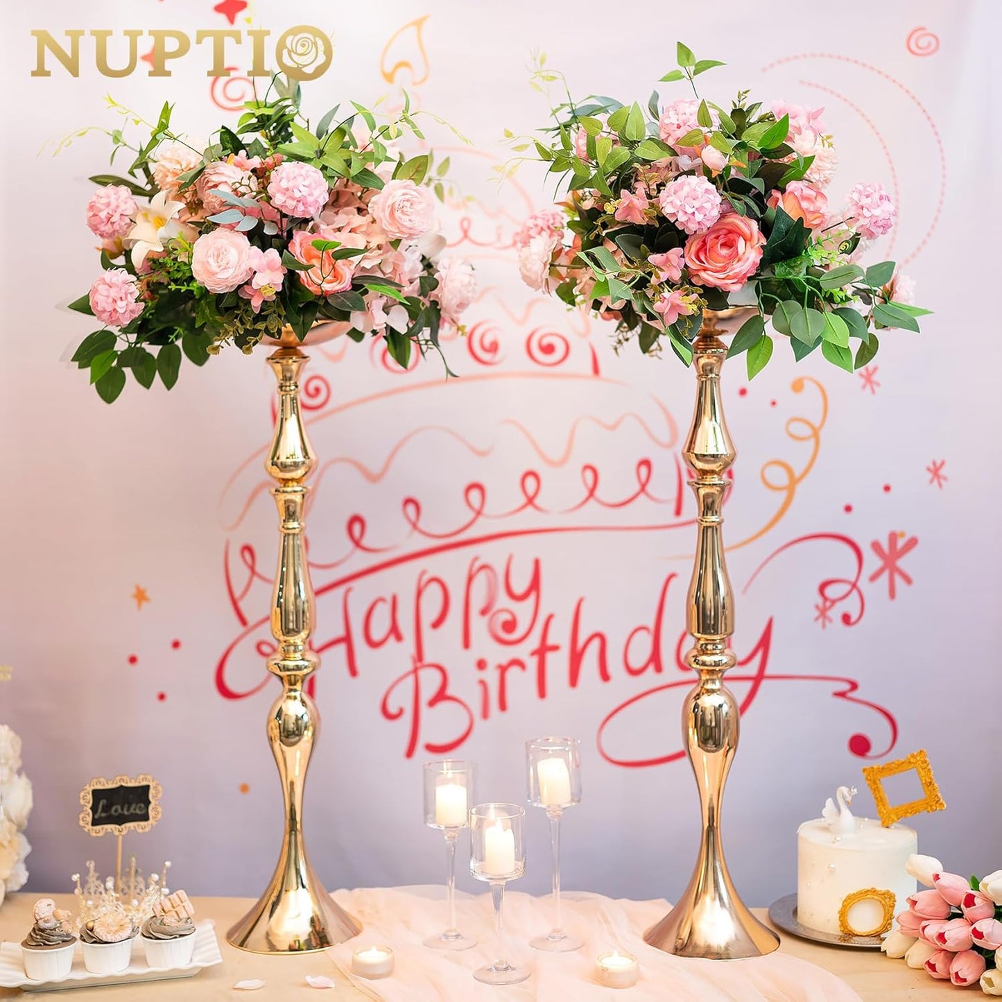2-Piece Gold Metal Flower Arrangement & Candle Holder Rack Set – 31.5" Wedding Centerpiece Stands
