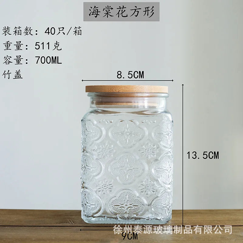 Vintage Embossed Glass Storage Jar with Acacia Wood Lid