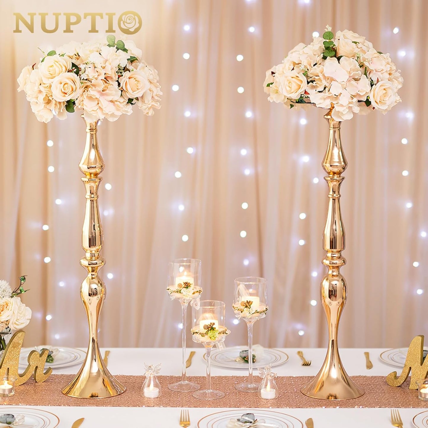 2-Piece Gold Metal Flower Arrangement & Candle Holder Rack Set – 31.5" Wedding Centerpiece Stands