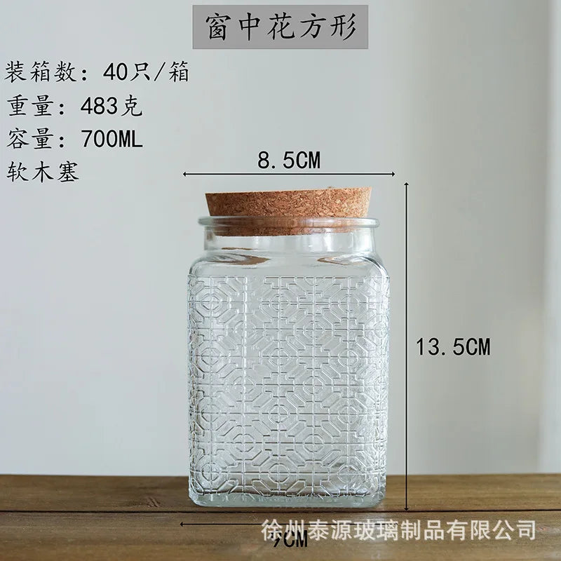 Vintage Embossed Glass Storage Jar with Acacia Wood Lid