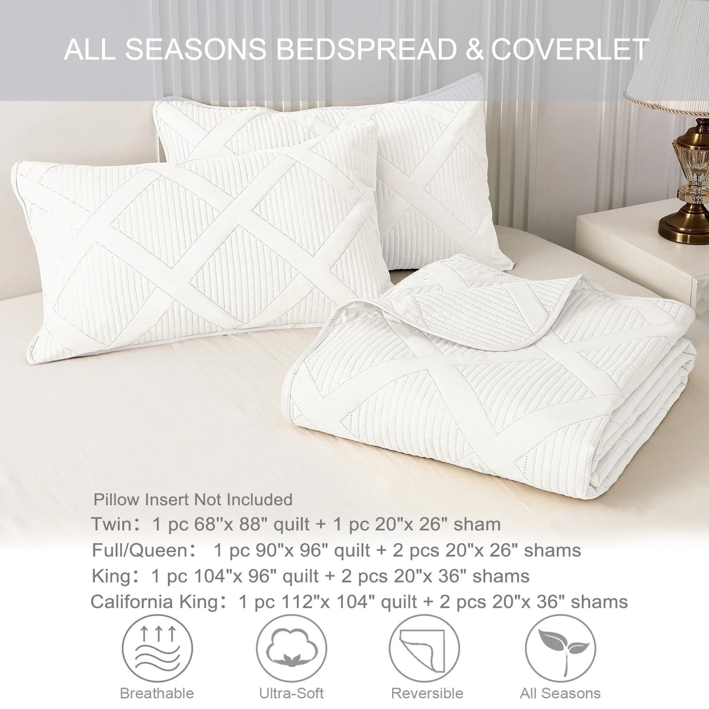Ultrasonic 3-Piece King Quilt Set – Lightweight Striped Coverlet Bedspread in White, Modern Bedding