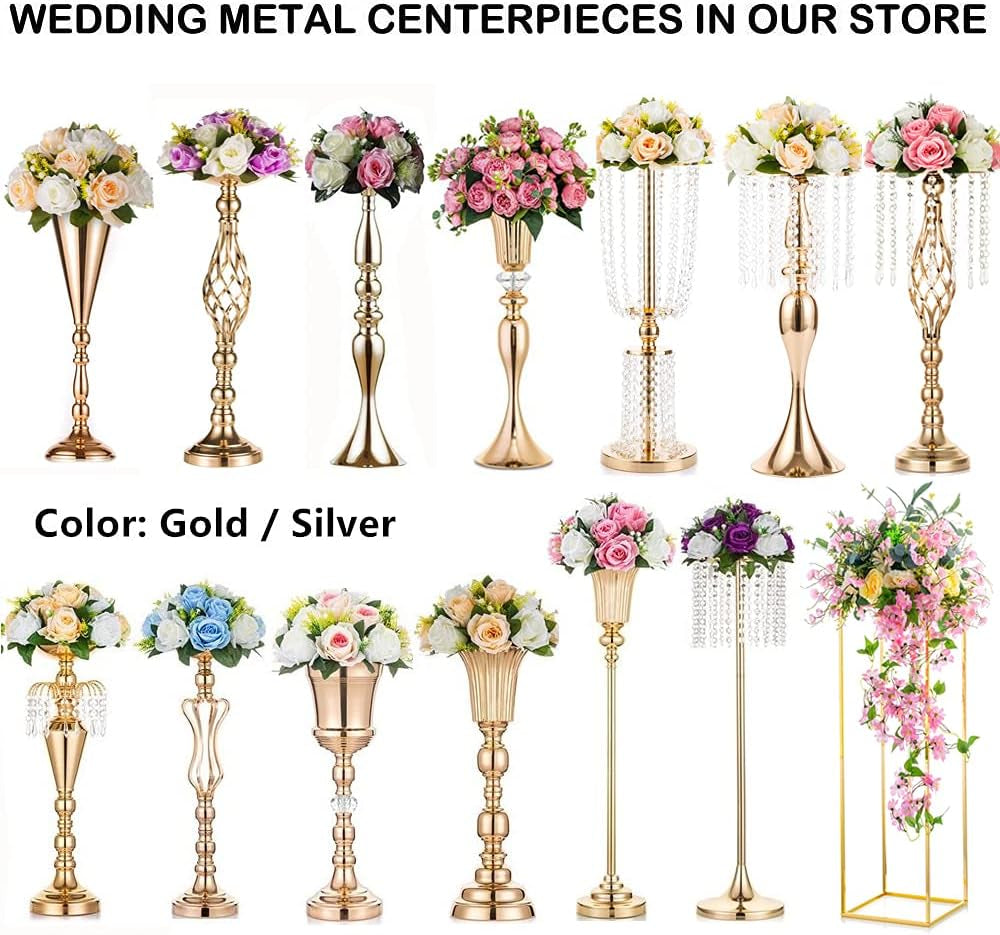 2-Piece 23.75" Gold Crystal Metal Vases – Tall Wedding Centerpiece Stands for Reception Tables