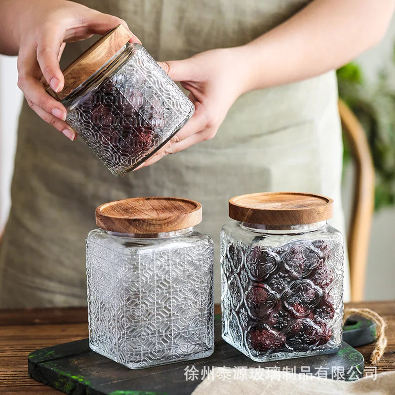 Vintage Embossed Glass Storage Jar with Acacia Wood Lid