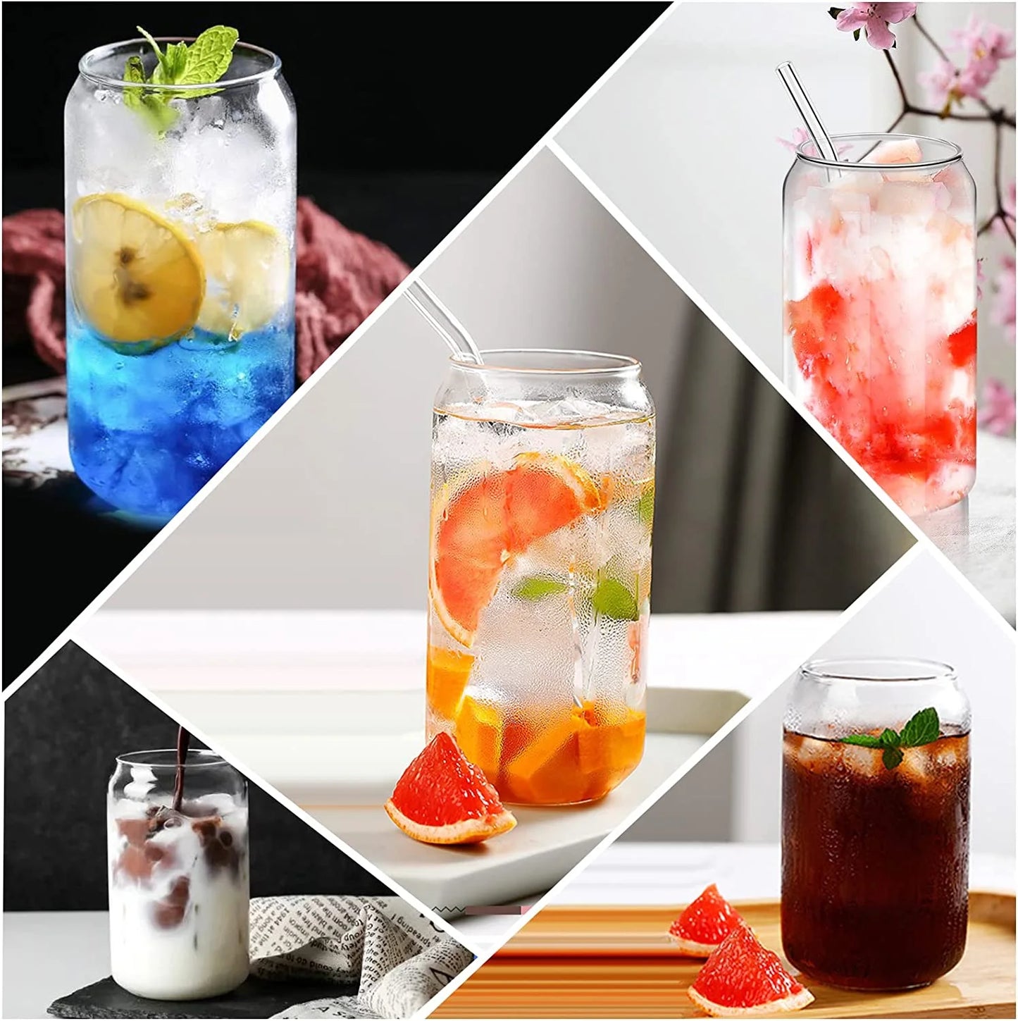 16 Oz Beer Can Shaped Glass Cups with Bamboo Lids & Glass Straws – Set of 4 Reusable Iced Coffee Glasses – Aesthetic Drinking Glasses for Soda, Tea, Water, Whiskey – Eco-Friendly Gift Set
