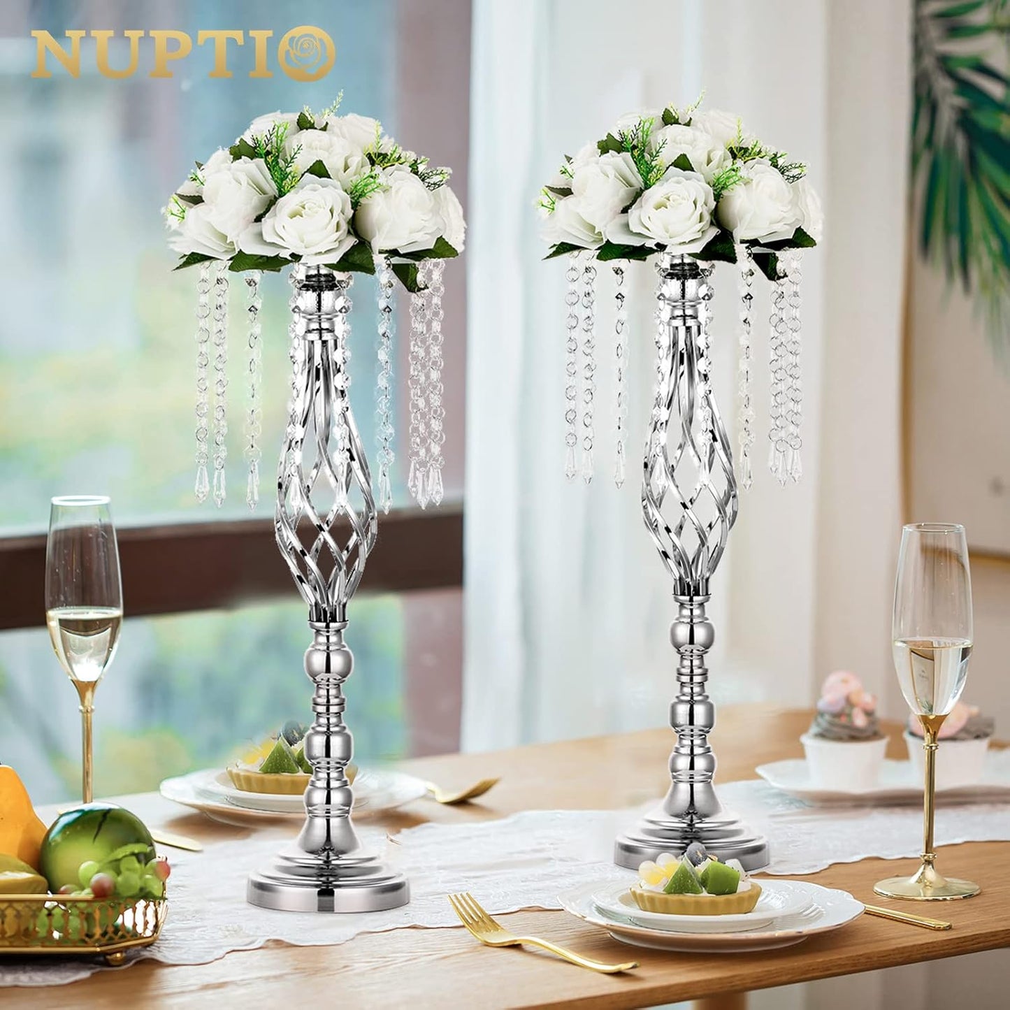 2-Pc Silver Wedding Centerpiece Flower Stands – 21.7" Tall Crystal Vases for Weddings & Events