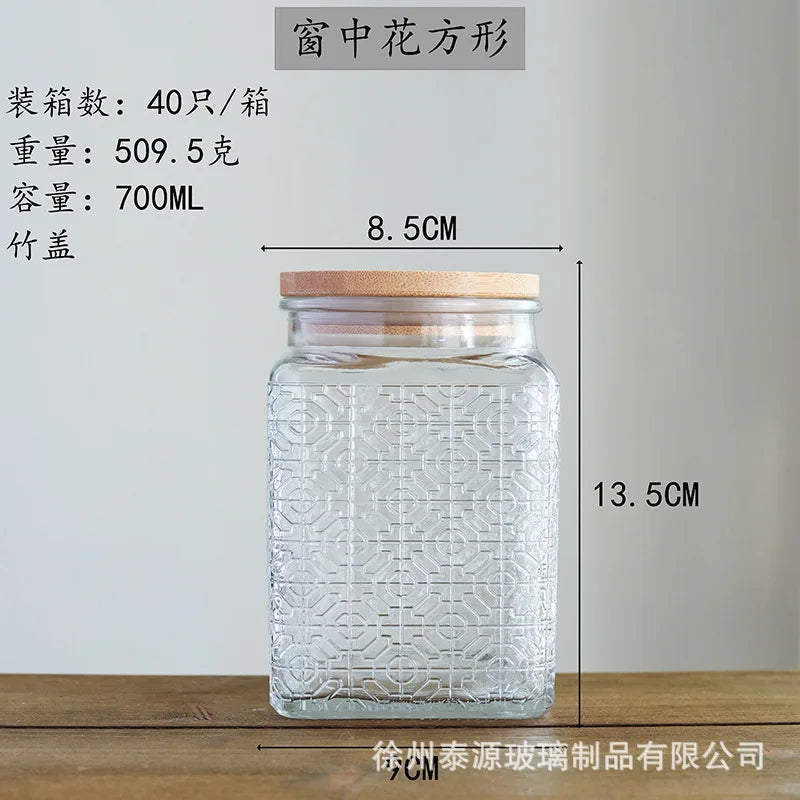 Vintage Embossed Glass Storage Jar with Acacia Wood Lid