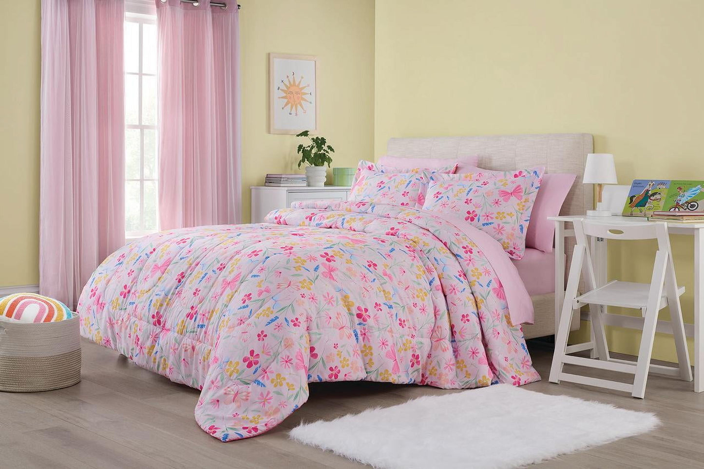 7-Piece Pink Wildflower Bedding Set for Girls – Full Size Floral Polyester Comforter Set with Shams & Decorative Pillows