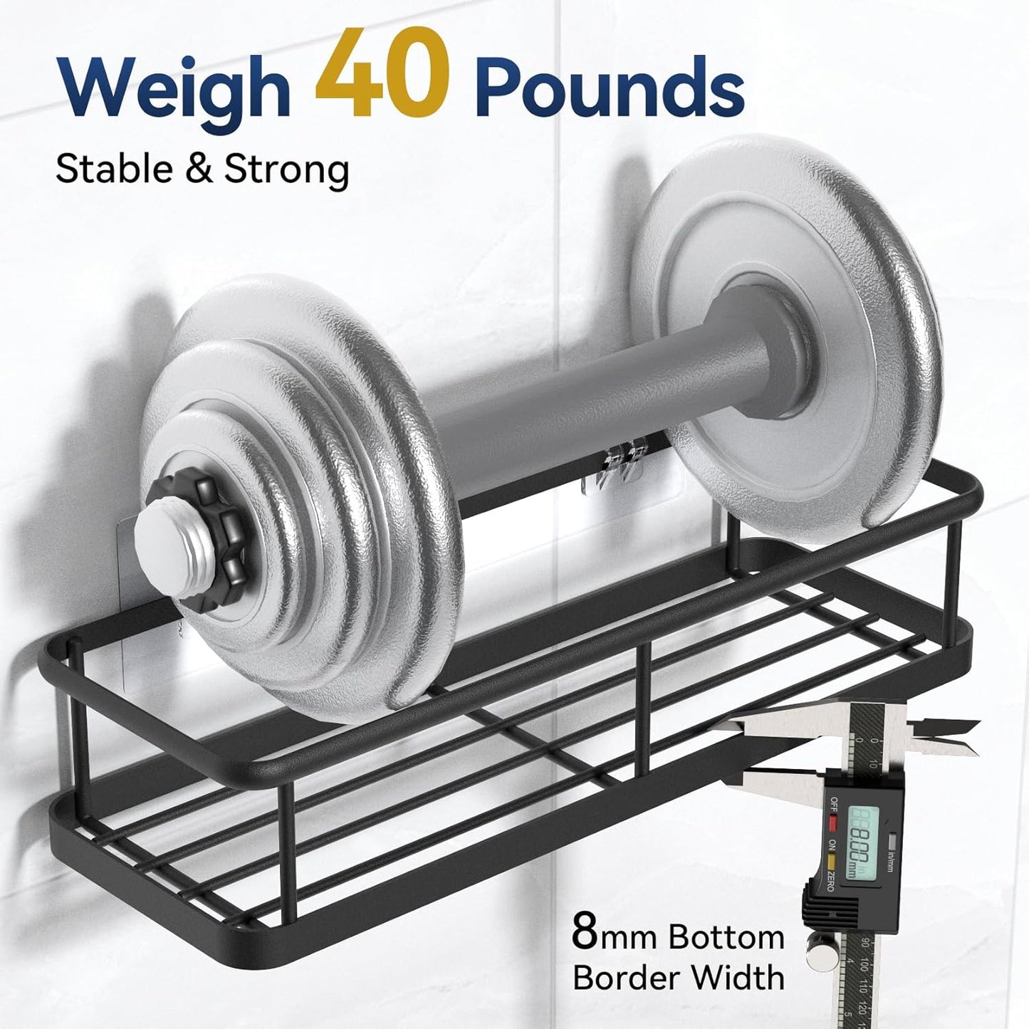Adhesive Shower Caddy 2-Pack – No-Drill Rustproof Bathroom Organizer Shelves with Removable Hooks, Wall-Mounted Black Shower Rack