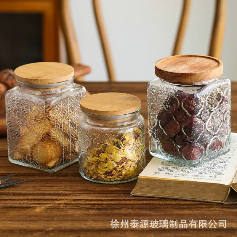 Vintage Embossed Glass Storage Jar with Acacia Wood Lid