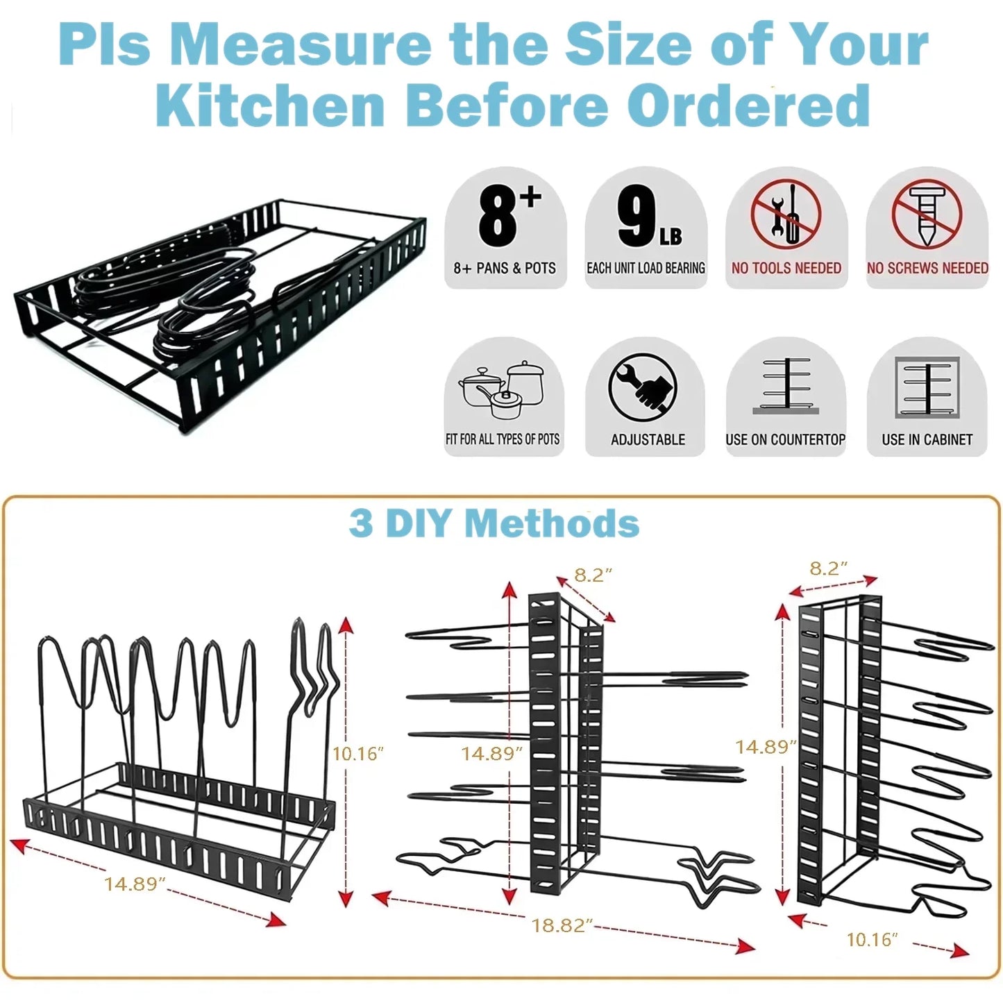 8-Tier Pot and Pan Organizer Rack – Adjustable Cookware Storage Stand with Pot Lid Holder for Kitchen Cabinet Organization