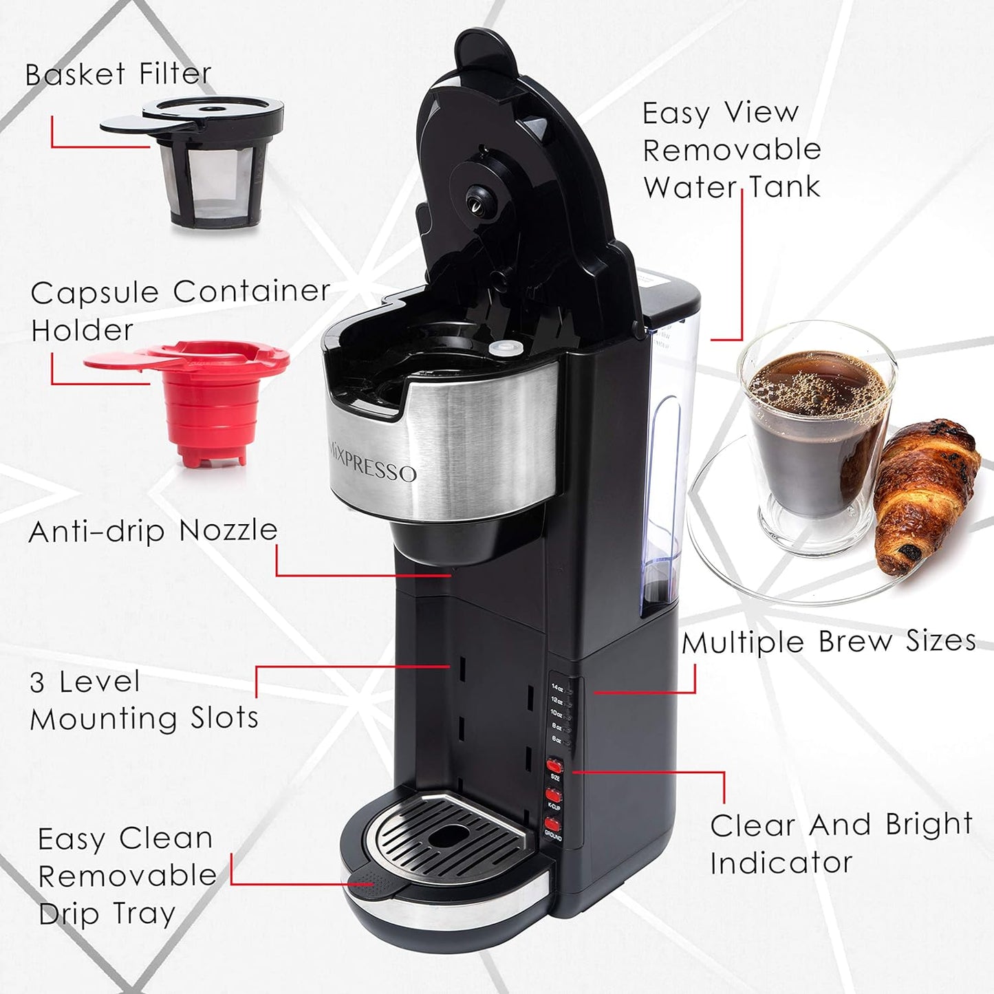 Single Serve Coffee Maker – Compatible with K-Cup Pods & Ground Coffee, 5 Brew Sizes, 30 Oz Compact Brewer with Travel Mug Fit & Adjustable Drip Tray – Black