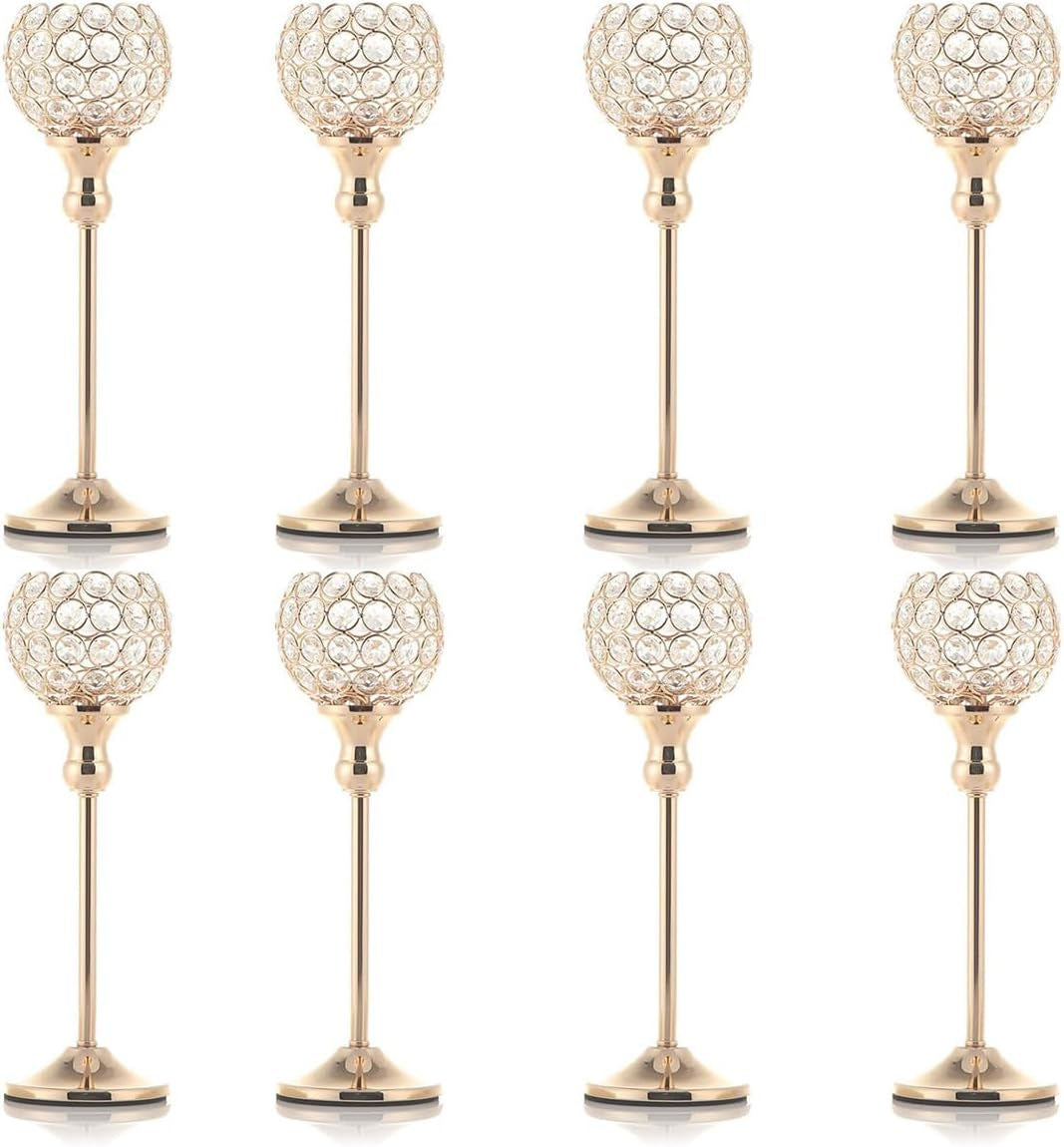 8PCS Gold Crystal Tea Light Candle Holders – Rhinestone Decorative Tray Set for Weddings & Parties