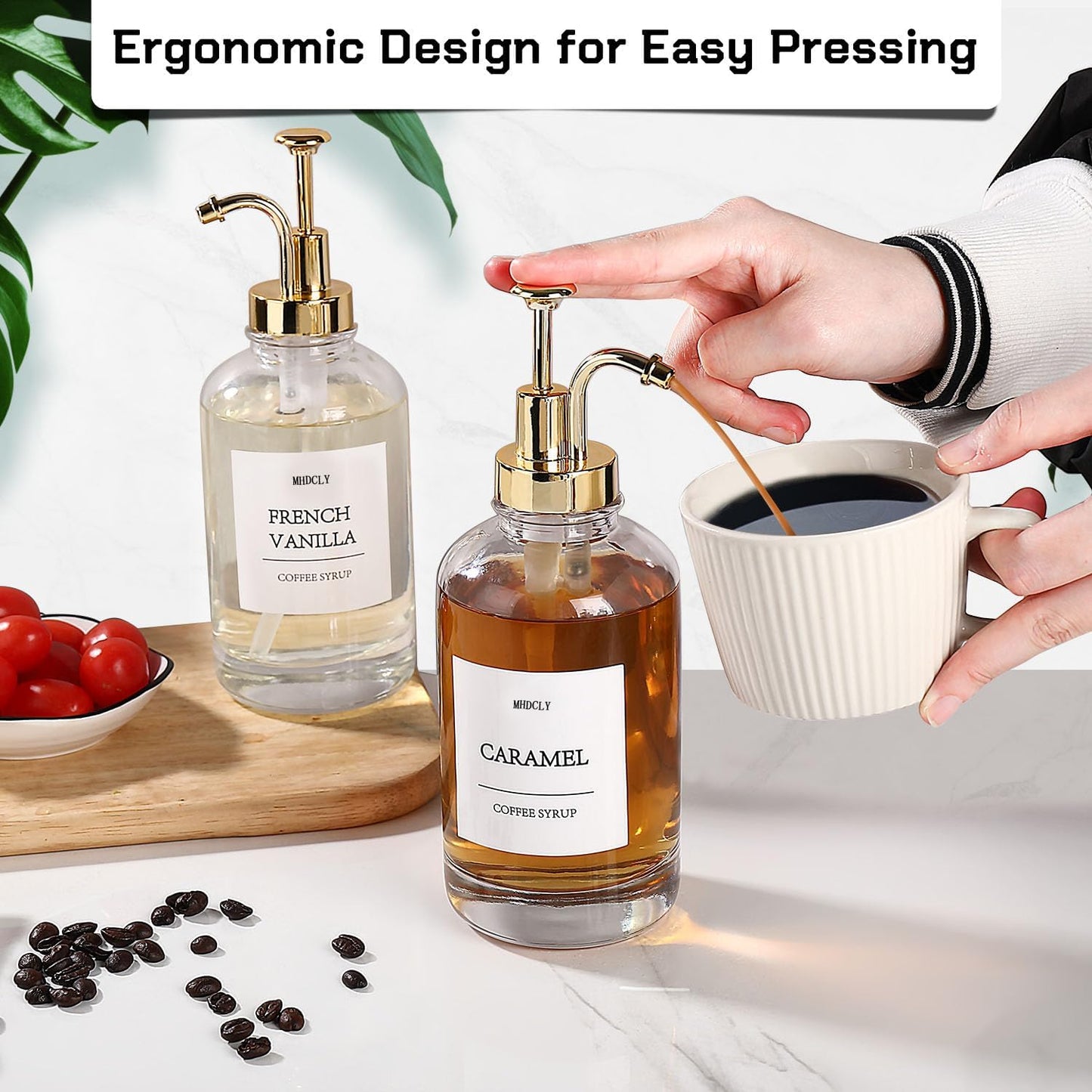 Coffee Syrup Dispenser Set – 4 Pack 16.9 Oz Bottles with Gold Pumps & Labels, Refillable Coffee Bar Accessories for Flavored Syrups