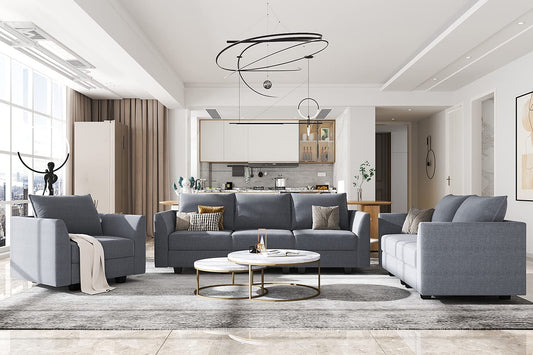 3-Piece Living Room Sofa Set – Modular Couch Set with 3-Seat Sofa, Loveseat & Armchair, Bluish Grey Polyester Upholstery
