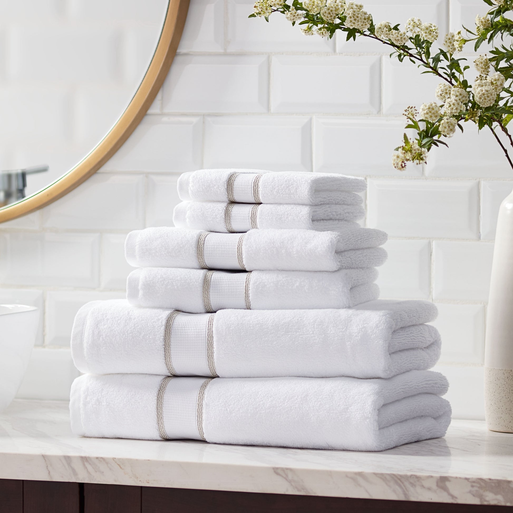6-Piece Egyptian Cotton Striped Towel Set – Soft & Absorbent Bath Towels, Birchwood Color