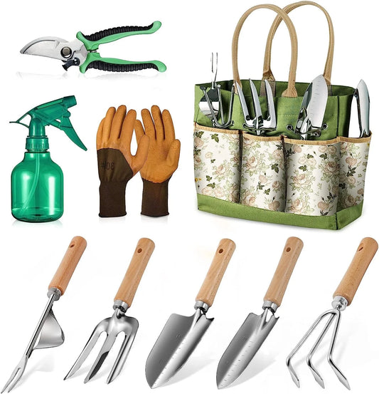 9-Piece Heavy Duty Garden Tool Set with Organizer Tote Bag – Rust-Proof Gardening Hand Tools Kit, Ideal Gift for Women & Men