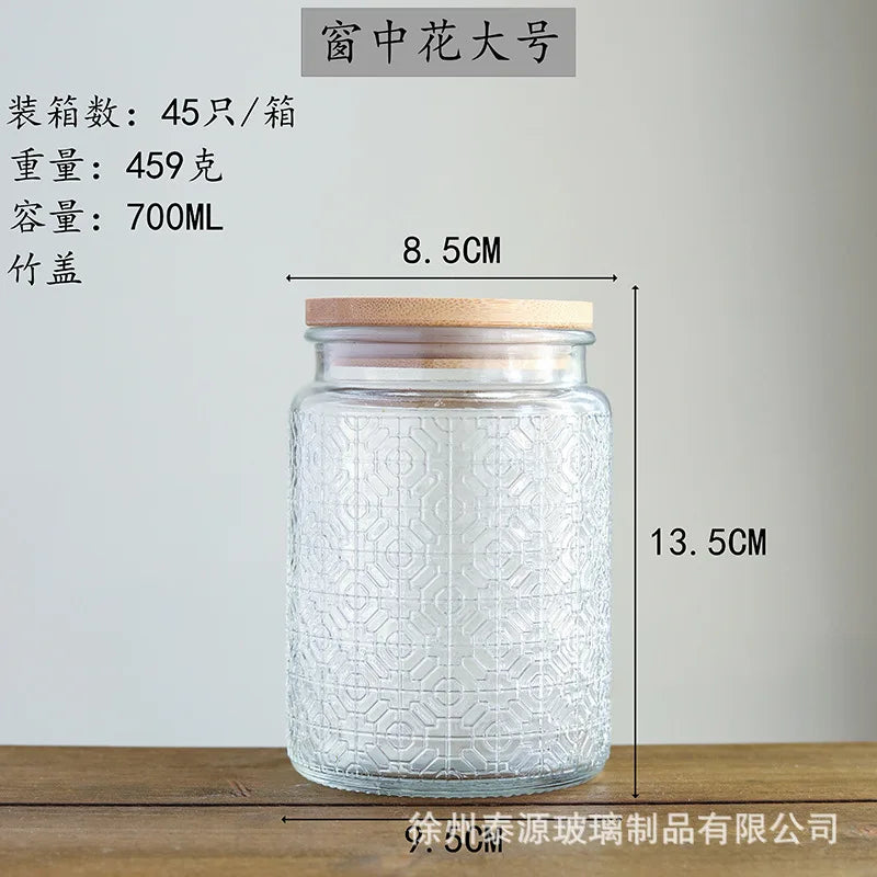 Vintage Embossed Glass Storage Jar with Acacia Wood Lid