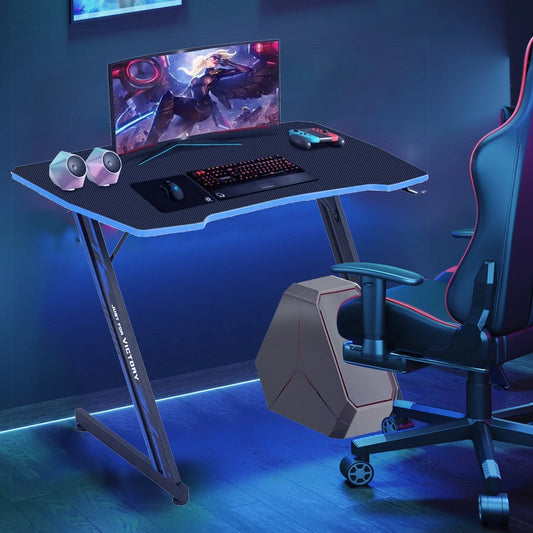39" Z-Shaped Gaming Computer Desk – Ergonomic Workstation with Headphone Hook – Sturdy Gamer Table for Home Office or Bedroom (Blue)
