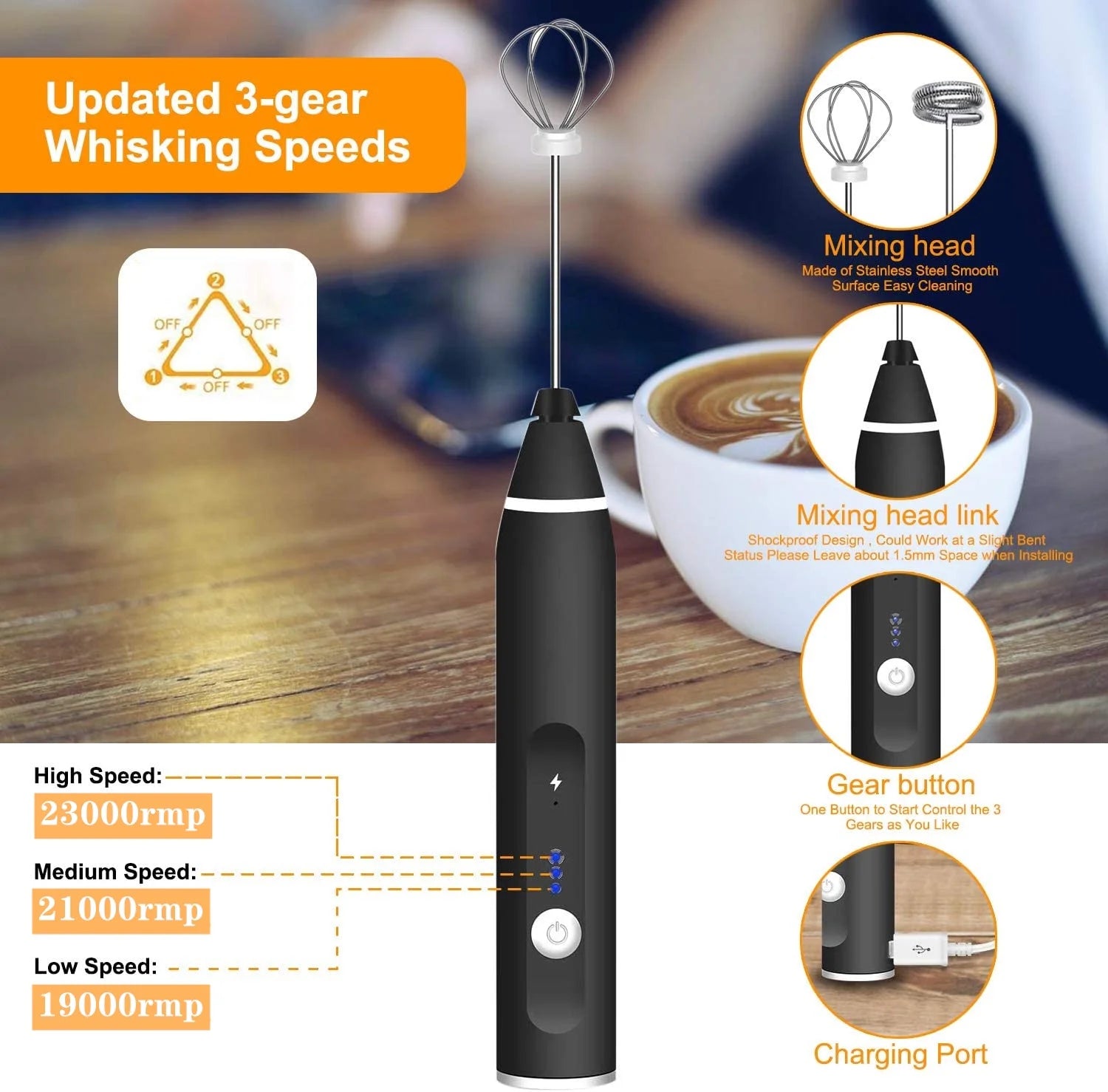USB Rechargeable Milk Frother – 3-Speed Handheld Electric Drink Mixer & Mini Foamer for Coffee, Lattes, Matcha & Hot Chocolate