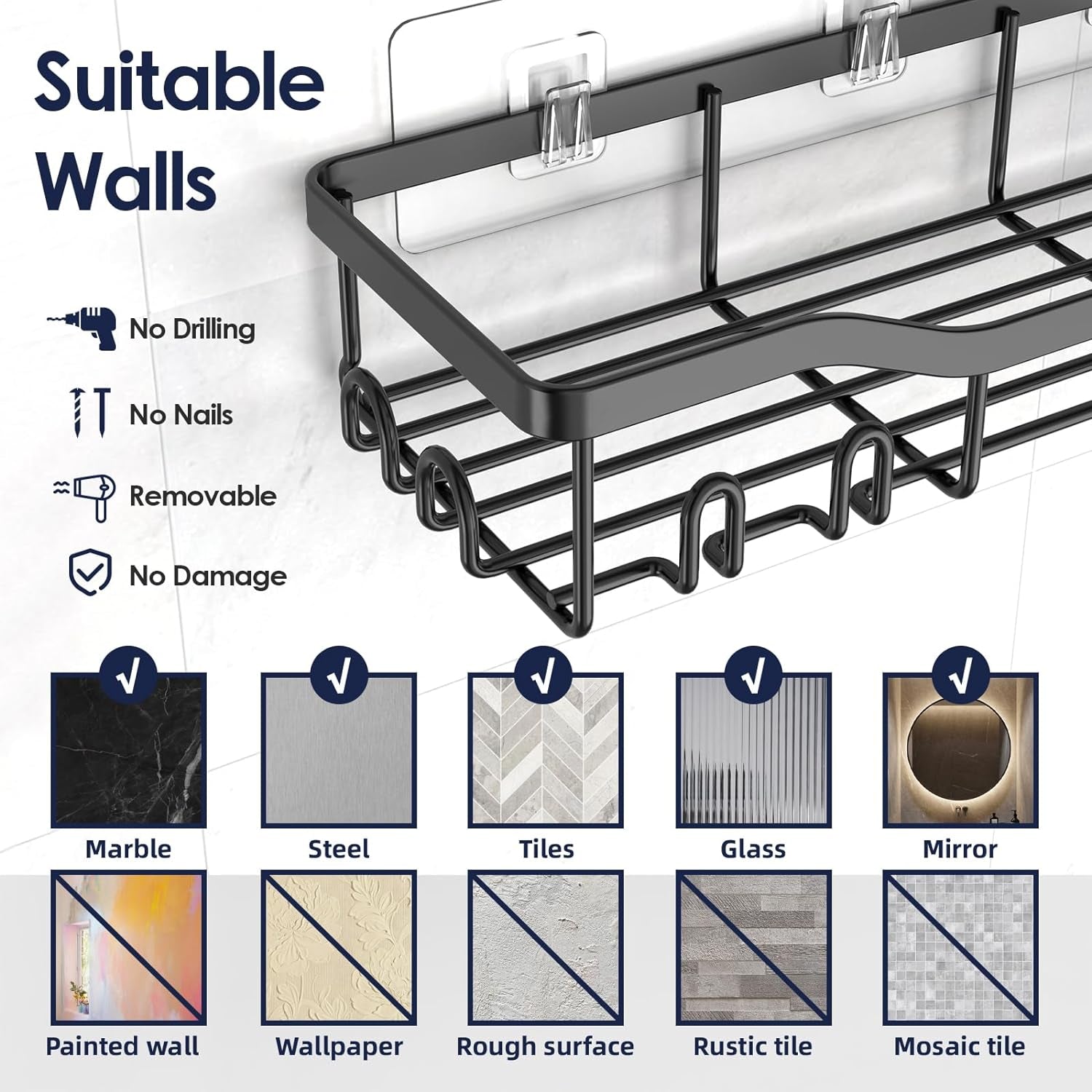 7-Pack Adhesive Shower Caddy Set – Rustproof Stainless Steel Bathroom Organizer with Soap Dish, Toothbrush Holder & 24 Hooks – No-Drill, Large Capacity Storage Solution