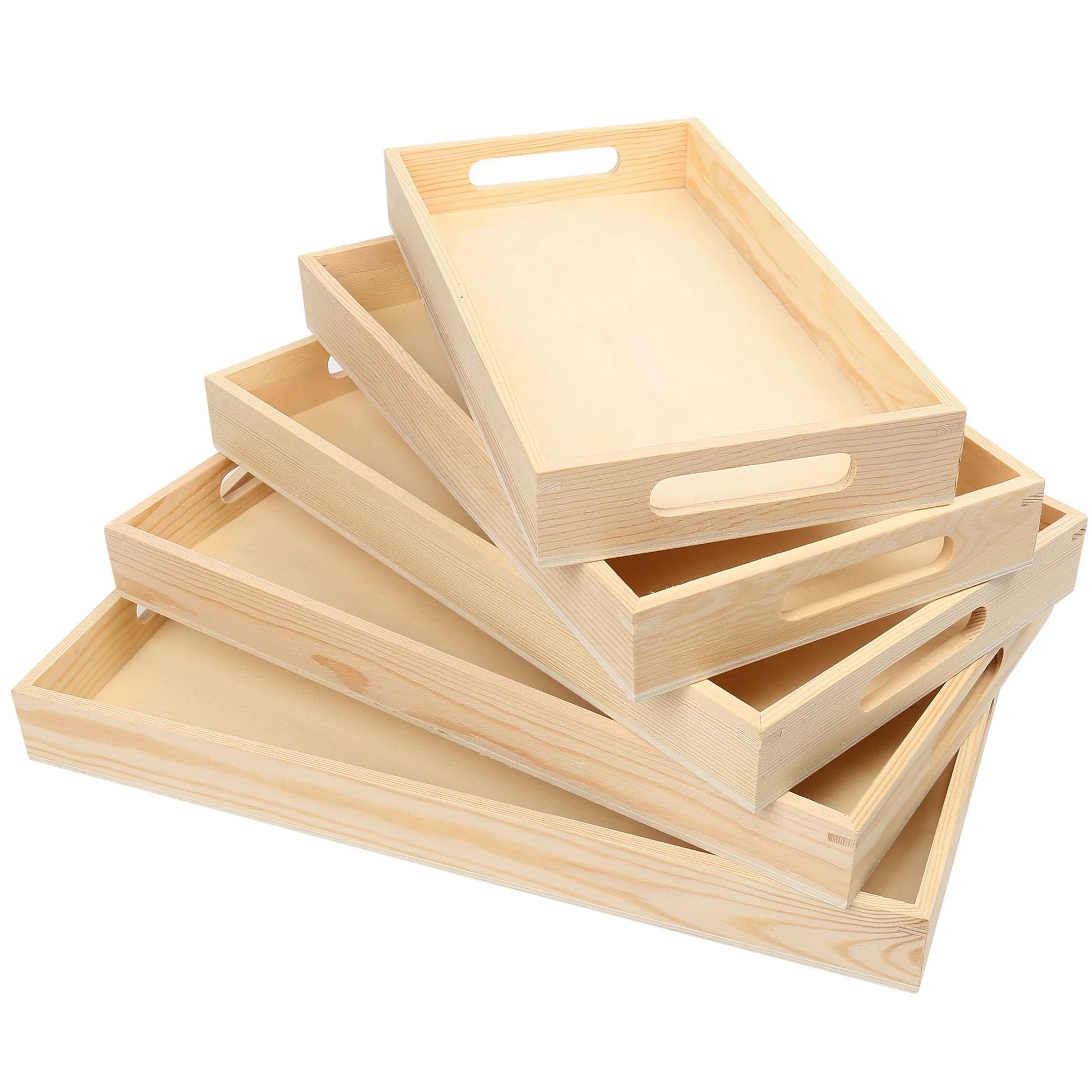 5-Piece Wooden Nested Serving Trays with Handles – Unfinished Natural Wood Trays for DIY Crafts, Rustic Décor & Food Serving – 13" to 16"