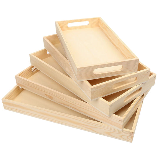 5-Piece Wooden Nested Serving Trays with Handles – Unfinished Natural Wood Trays for DIY Crafts, Rustic Décor & Food Serving – 13" to 16"
