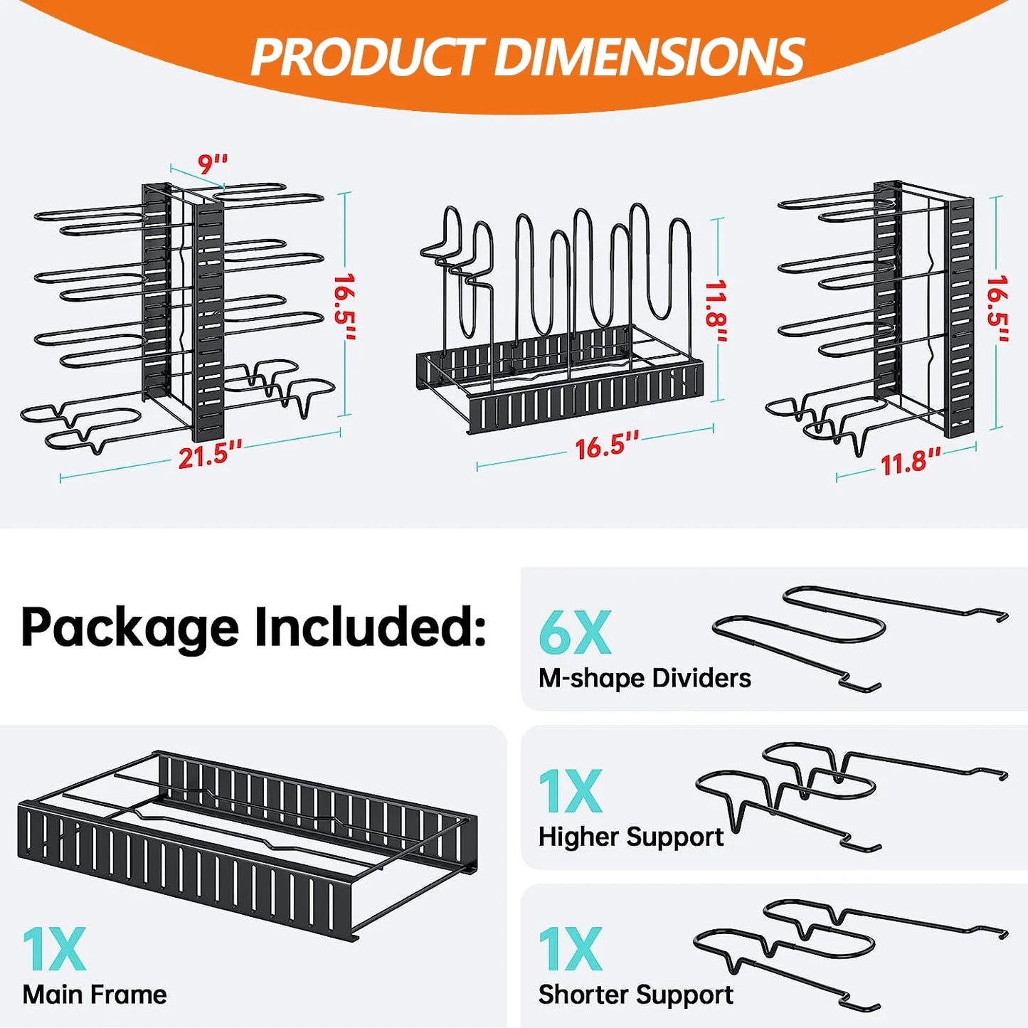 Pots and Pans Organizer Rack – 8-Tier Adjustable Heavy-Duty Metal Rack with 3 DIY Assembly Options & Anti-Slip Silicone Pads for Cabinet & Kitchen Storage