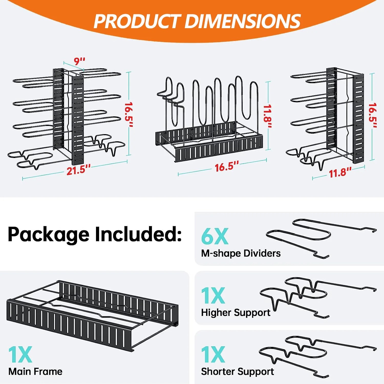 Pots and Pans Organizer Rack – 8-Tier Adjustable Heavy-Duty Metal Rack with 3 DIY Assembly Options & Anti-Slip Silicone Pads for Cabinet & Kitchen Storage