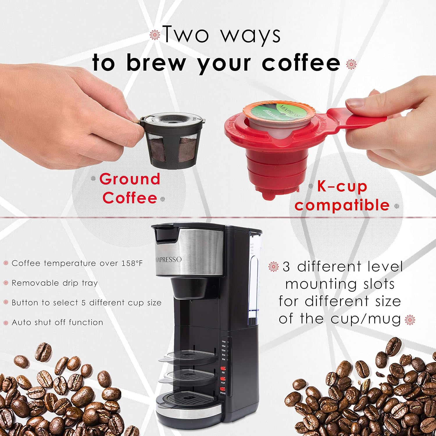 Single Serve Coffee Maker – Compatible with K-Cup Pods & Ground Coffee, 5 Brew Sizes, 30 Oz Compact Brewer with Travel Mug Fit & Adjustable Drip Tray – Black
