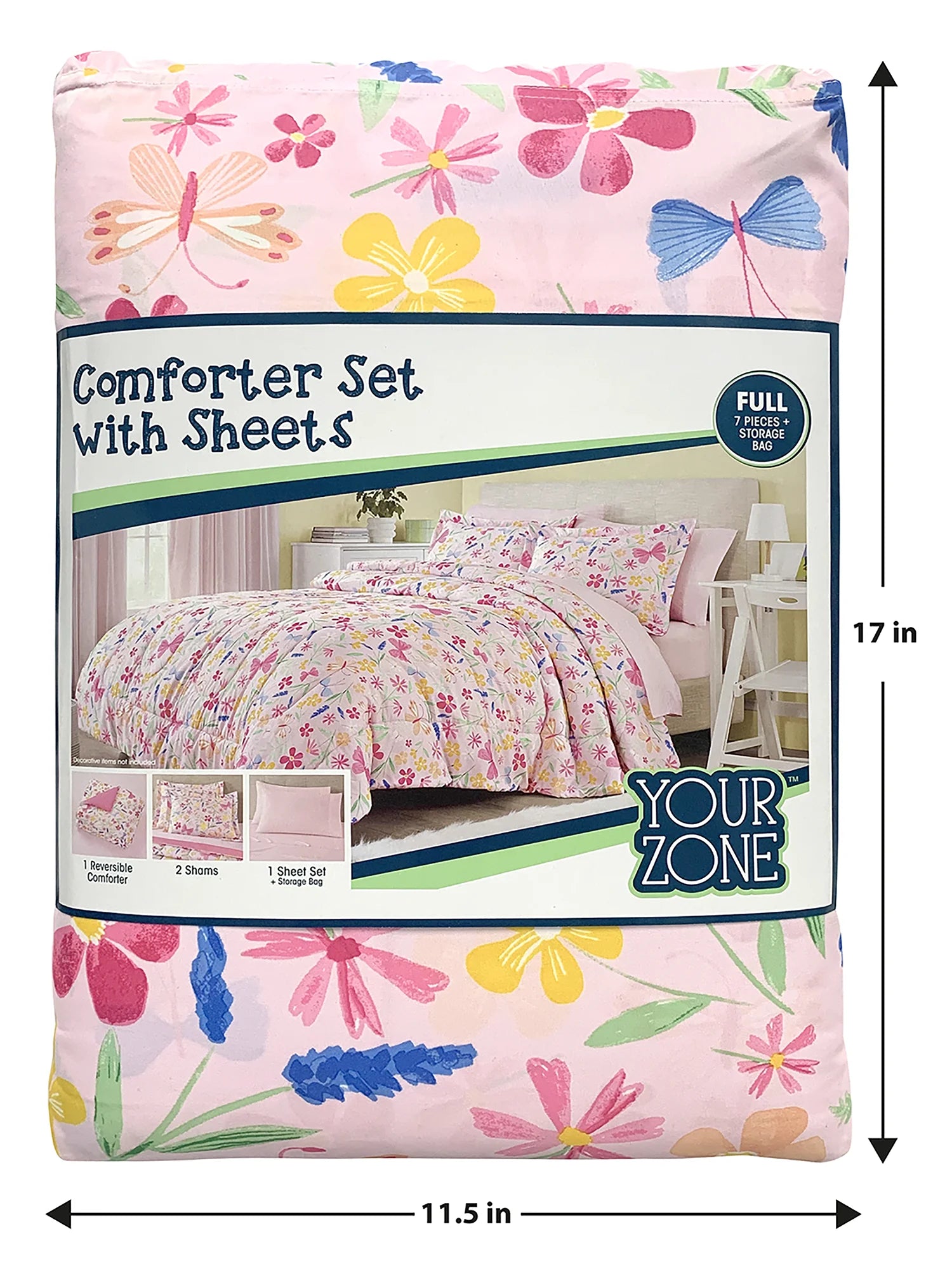 7-Piece Pink Wildflower Bedding Set for Girls – Full Size Floral Polyester Comforter Set with Shams & Decorative Pillows