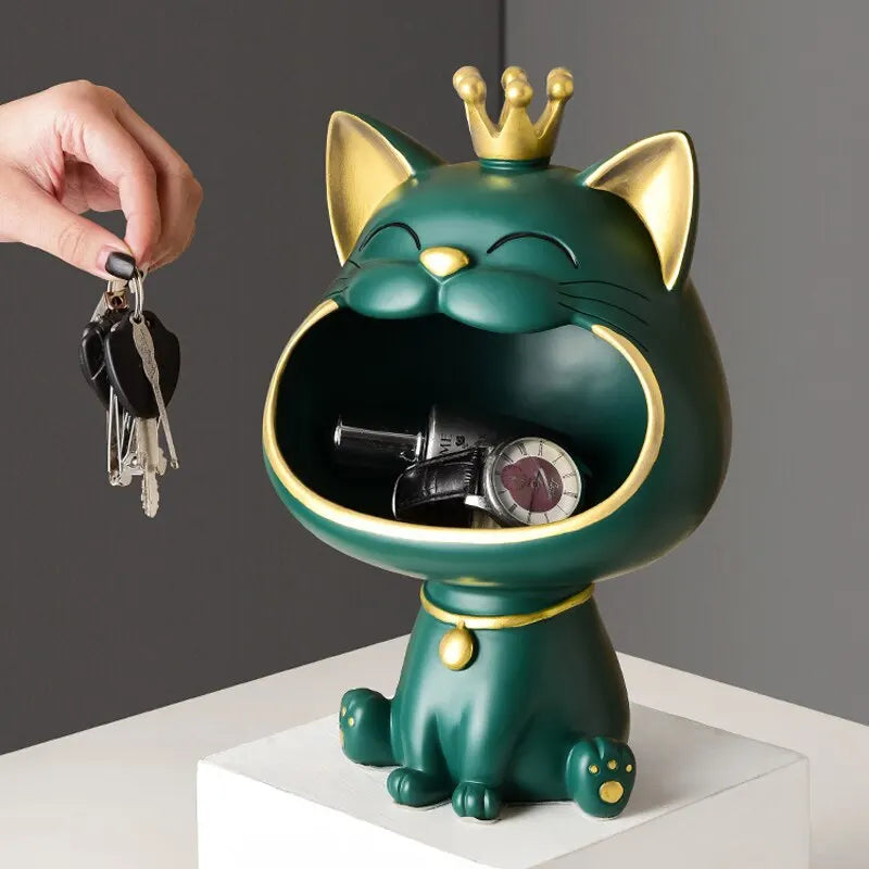 Fortune Crown Big Mouth Cat Key Storage Tray – Decorative Ornament & Housewarming Gift