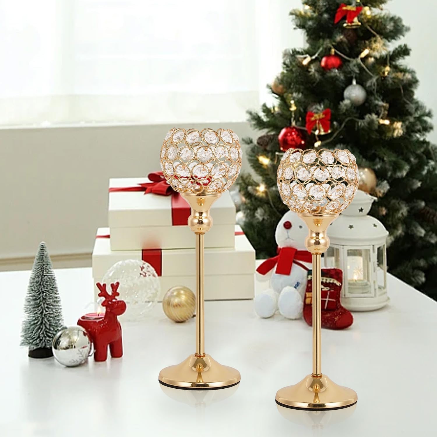 8PCS Gold Crystal Tea Light Candle Holders – Rhinestone Decorative Tray Set for Weddings & Parties