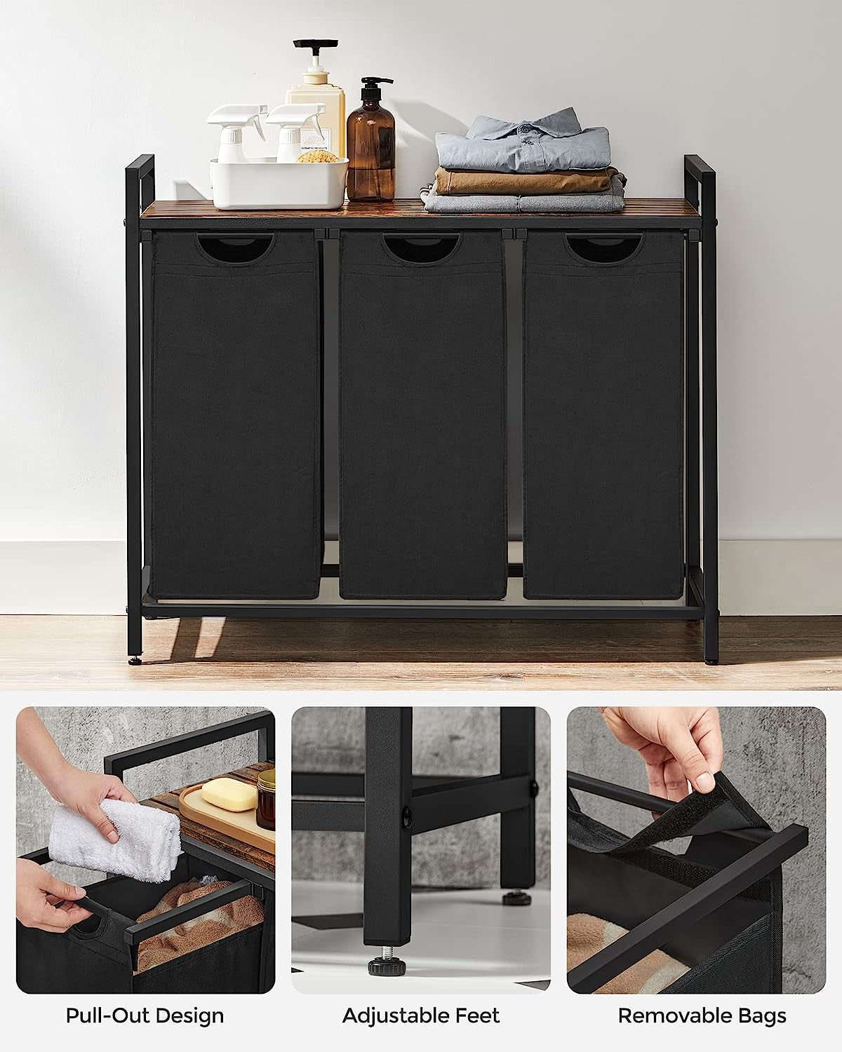 Laundry Hamper, Laundry Basket, Laundry Sorter with 3 Pull-Out and Removable Bags, Shelf, Metal Frame, 3 X 10.6 Gallons (40 L), 36.4 X 13 X 28.4 Inches, Ink Black and Rustic Brown UBLH301B01V1