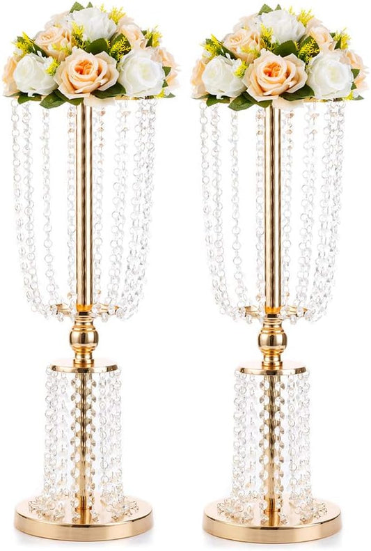 2-Piece 23.75" Gold Crystal Metal Vases – Tall Wedding Centerpiece Stands for Reception Tables