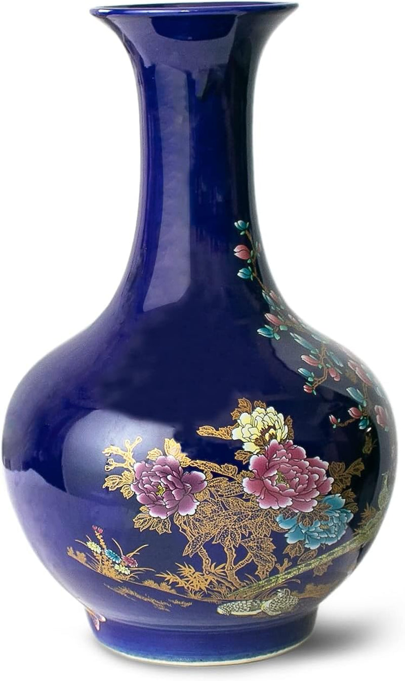 Handmade Famille Rose Porcelain Vase – Cobalt Blue, Globular, 14.5"