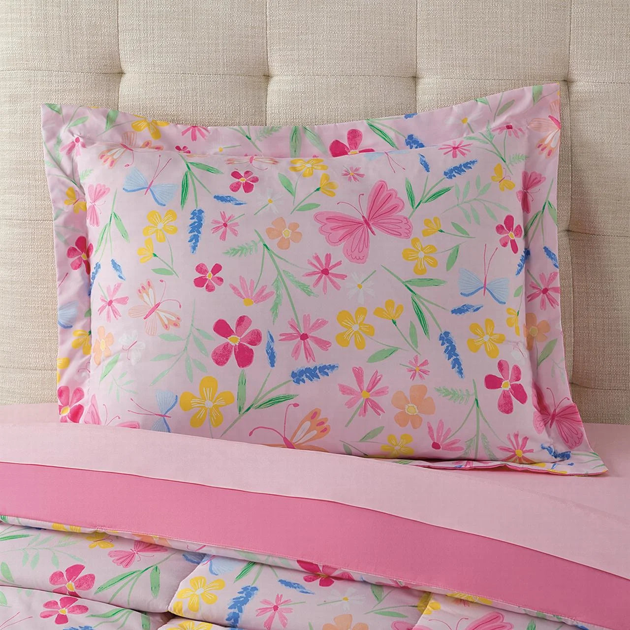 7-Piece Pink Wildflower Bedding Set for Girls – Full Size Floral Polyester Comforter Set with Shams & Decorative Pillows