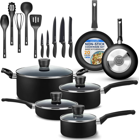 20-Piece Non-Stick Cookware Set – Black Kitchen Pots & Pans with Heat-Resistant Exterior and Durable Non-Stick Interior – Basic Kitchen Cookware Essentials
