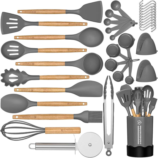35-Piece Silicone Cooking Utensil Set – Non-Stick, Heat-Resistant Kitchen Tools with Natural Wooden Handles – Gray Kitchen Gadgets & Cookware Set