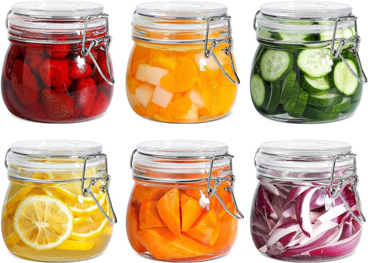 Airtight Glass Canister Set of 6 – 17oz Food Storage Jars with Lids & Wire Clip Seals – Clear Round Containers for Cereal, Pasta, Sugar, Beans & Spices