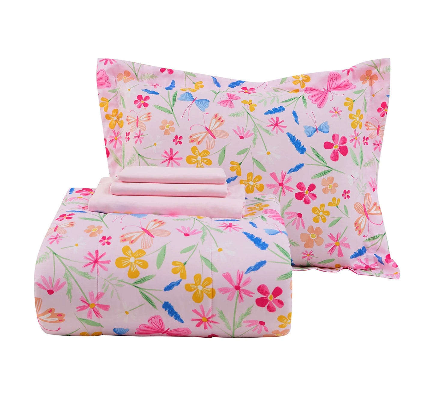 7-Piece Pink Wildflower Bedding Set for Girls – Full Size Floral Polyester Comforter Set with Shams & Decorative Pillows