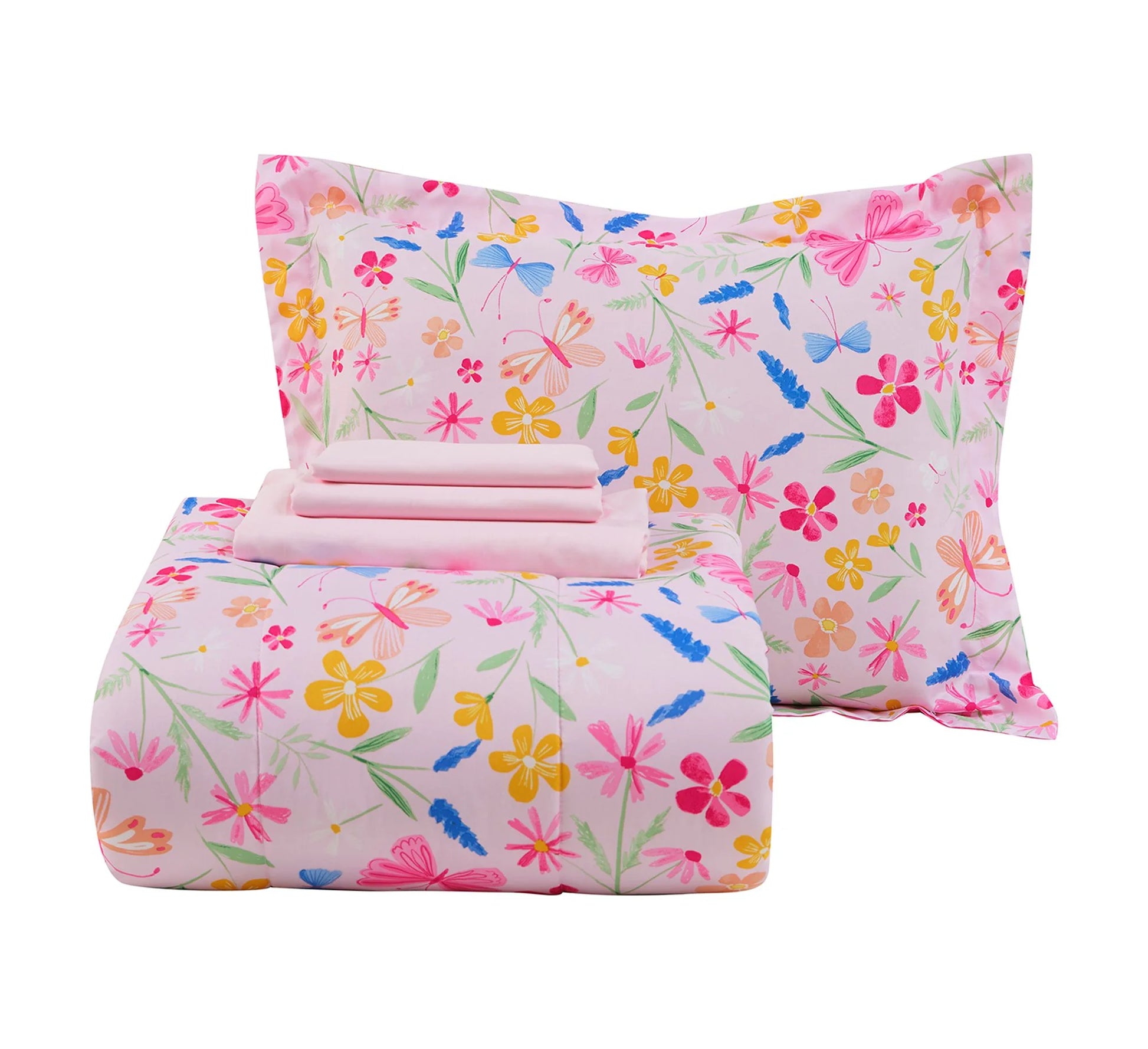 7-Piece Pink Wildflower Bedding Set for Girls – Full Size Floral Polyester Comforter Set with Shams & Decorative Pillows